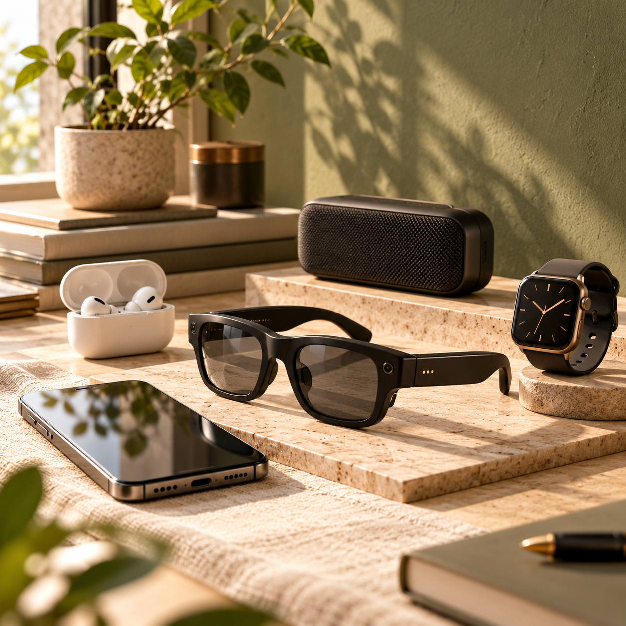A modern workspace featuring electronics and smart devices